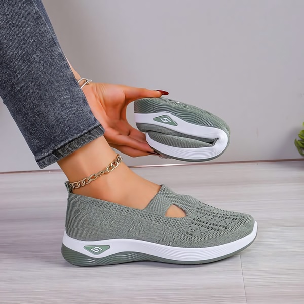 slip on sneakers, walking shoes, comfortable sneakers, knit sneakers, casual sneakers, foldable shoes, product demo, lifestyle, minimalist, calm, fresh, green, neutral